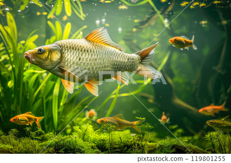 Underwater picture of a golden carp in clear shallow water of a lake. Underwater picture of a golden carp in clear shallow water of a lake. 119801255
