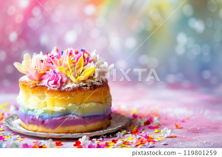 A colourful rainbow cake, which is made of multiple sponge layers that are dyed different colours, using food dye. 119801259