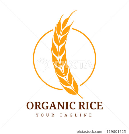 Minimalist design logo, featuring an orange rice symbol in a circle. Suitable for branding healthy food products, agricultural businesses, or packaging agricultural products. 119801325