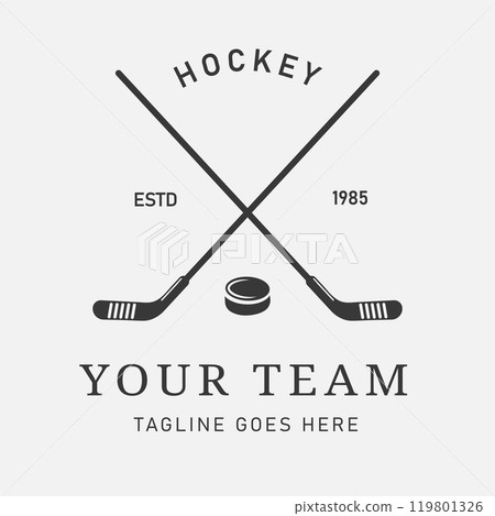 Vintage Hockey Logo Design with Two Crossed Sticks and Puck, suitable for Sports Club or Merchandise 119801326