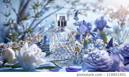 A fragrance bottle surrounded with blue summer flowers. 119801401