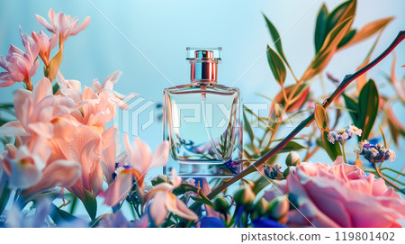 A fragrance bottle surrounded with various summer flowers. 119801402