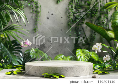 Product presentation with a stone podium set amidst a tropical plants  and flowers. 119801430