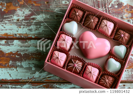 A sweet pink heart in a box of chocolate candies. Love concept. 119801432