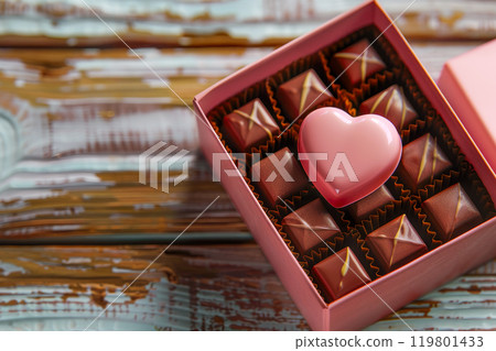 A sweet pink heart in a box of chocolate candies. 119801433