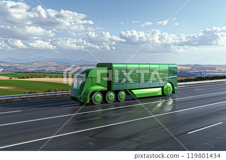 Futuristic autonomous green truck on a highway. Cargo delivery, transportation of the future. Futuristic autonomous green truck on a highway. Cargo delivery, transportation of the future. 119801434