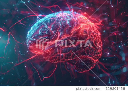 Human brain with neural pathways illuminated.... - Stock Illustration ...