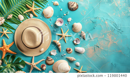 Summer vacation concept. Beach accessories, beautiful seashells and colorful pebbles, flat lay. 119801440