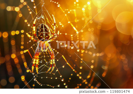A spider on his web dripping with dewdrop against morning sunlight, close-up view. 119801474
