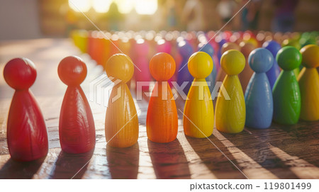 Diversity and inclusion concept. Crowd of colorful wooden figures. 119801499