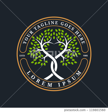 A unique logo featuring two trees with trunks curled into a heart, surrounded by a circle with vintage elements. Suitable for businesses in the health and fitness sector. 119801560