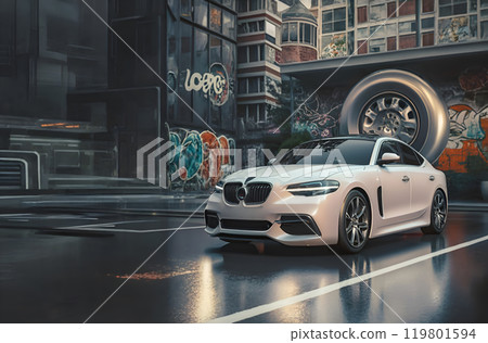 white  car presenting against city futuristic underground  background. car service logo, concept. Ai generated 119801594
