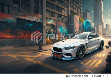 white  car presenting against city futuristic  background at sunset. car service logo, concept. Ai generated 119801595