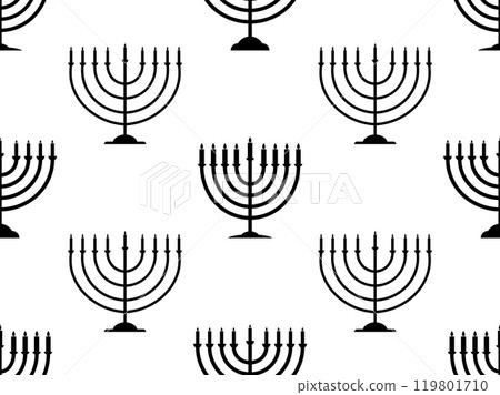 Hanukkah seamless pattern with Menorah with nine candles. Lighted Hanukkah candles. Design of greeting cards, banners and promotional products. Vector illustration Hanukkah seamless pattern with Menorah with nine candles. Lighted Hanukkah candles. Design of greeting cards, banners and promotional products. Vector illustration 119801710