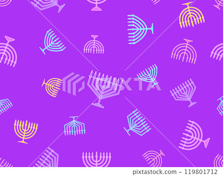 Hanukkah seamless pattern with menorah with nine candle. Jewish festival background for brochures, banners and wrapping paper. Vector illustration Hanukkah seamless pattern with menorah with nine candle. Jewish festival background for brochures, banners and wrapping paper. Vector illustration 119801712