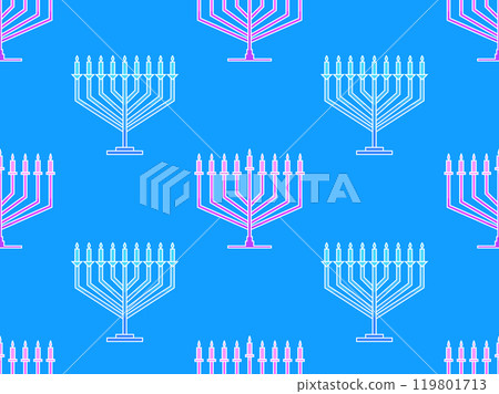 Hanukkah seamless pattern with menorah with nine candle. Jewish festival background for brochures, banners and wrapping paper. Vector illustration 119801713