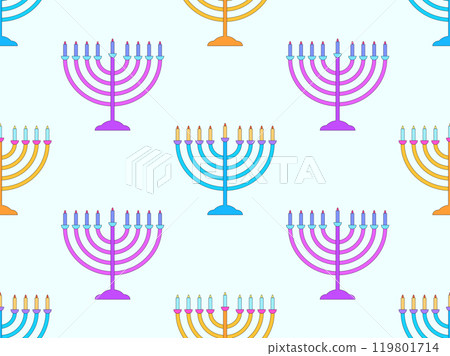 Hanukkah seamless pattern with menorah with nine candle. Jewish festival background for brochures, banners and wrapping paper. Vector illustration 119801714