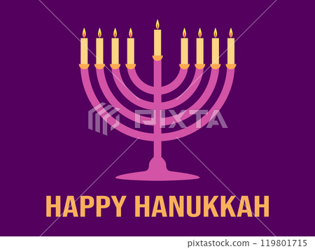 Happy Hanukkah. Menorah with nine candles - a symbol of the Jewish holiday. Lit candles. Design for invitations, brochures and advertising materials. Vector illustration 119801715