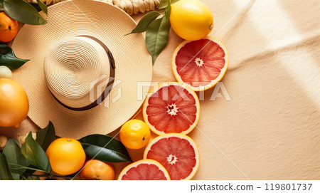 Straw hat adorned with vibrant citrus fruits on a soft background Straw hat adorned with vibrant citrus fruits on a soft background 119801737