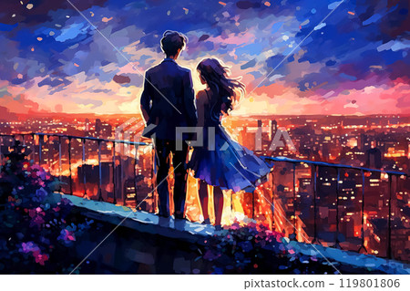 a watercolor illustration depicting a couple in love against the backdrop of a night city. 119801806