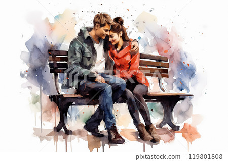 a watercolor illustration capturing a couple in a tender moment, sitting on a bench. 119801808