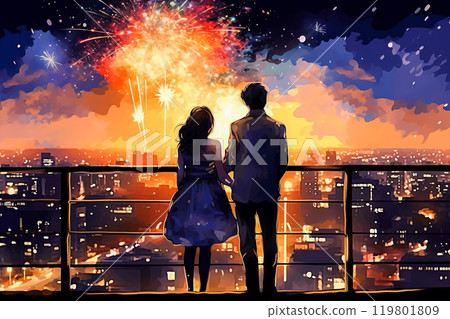 a watercolor illustration depicting a couple in love against the backdrop of a night city. 119801809