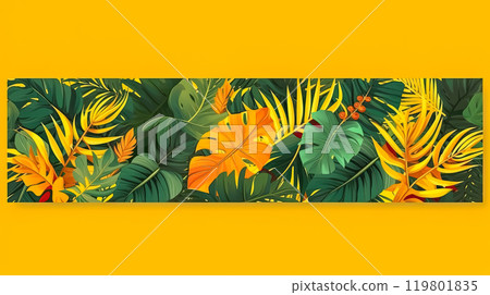 Horizontal banners featuring tropical leaves on a sunny yellow backdrop. 119801835