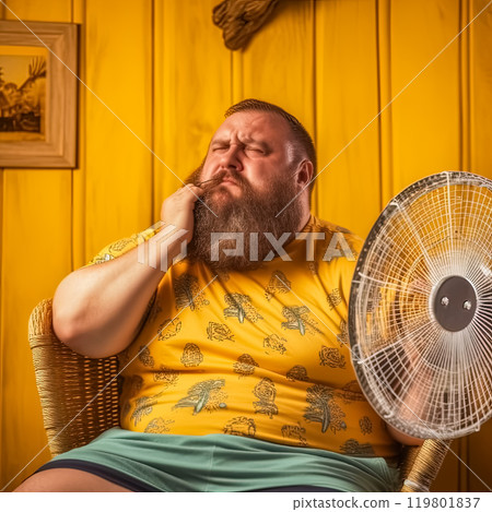 A weary man, sweating and feeling hot, seeking relief in front of a fan at home. 119801837