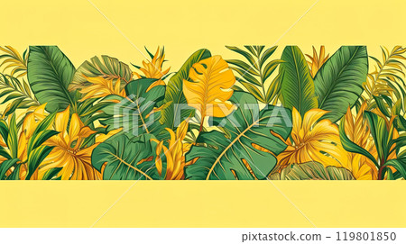 Horizontal banners featuring tropical leaves on a sunny yellow backdrop. Horizontal banners featuring tropical leaves on a sunny yellow backdrop. 119801850