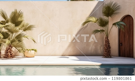 Luxurious resort exterior with a refreshing pool, and the shadow of palm leaves. Luxurious resort exterior with a refreshing pool, and the shadow of palm leaves. 119801861