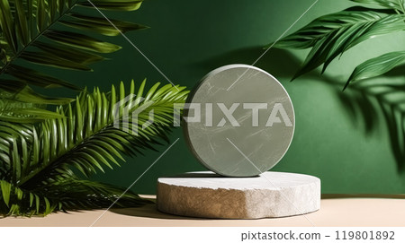 Concrete podium for cosmetics adorned with lush tropical leaves on a green background. 119801892