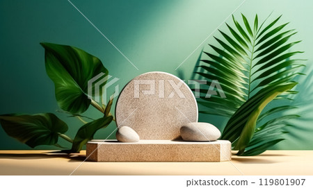 Concrete podium for cosmetics adorned with lush tropical leaves on a green background. 119801907