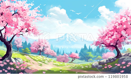 a majestic volcano and blossoming sakura trees 119801958