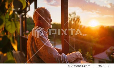 A senior man enjoys the sunset from his porch, reflecting on a fulfilling life and cherished memories. 119802270