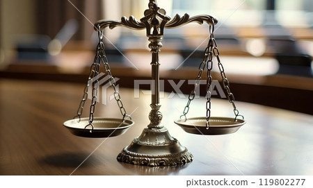 Antique scales on a polished desk symbolize a state employee's fair and just public service career. 119802277