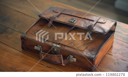 A sturdy old leather briefcase lies open on an oak table, encapsulating a long, dedicated professional journey. 119802278
