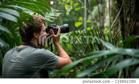 A man photographs wildlife in a dense jungle, meticulously focusing his camera on the untamed nature. 119802280
