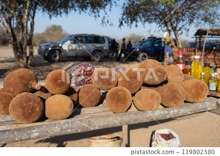 Fresh Baobab Fruits and Oil for Sale at a Local Market in Morondava, Madagascar. 119802380