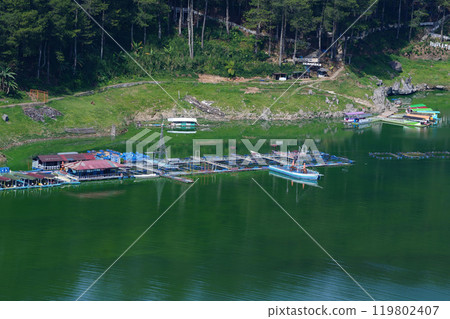 floating restaurant complex on Telaga Menjer, Wonosobo. floating restaurant complex on Telaga Menjer, Wonosobo. 119802407