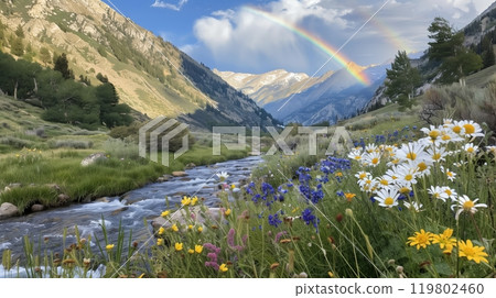 A picturesque mountain valley with a flowing river, vibrant wildflowers, and a radiant rainbow creating an enchanting scene. 119802460
