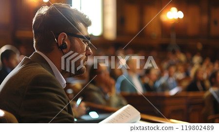 A journalist covers a trial, taking meticulous notes on arguments from both the defense and prosecution. 119802489