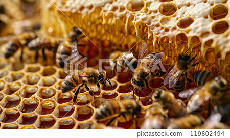 Close-up of a honeycomb with busy bees shows how small, consistent efforts build a pension over time. 119802494