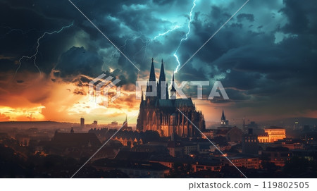 A majestic skyline of Gothic cathedrals is illuminated by lightning, casting an eerie glow on the spires. 119802505