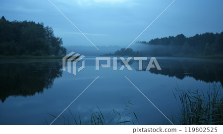 A tranquil lakeside scene at dusk reflects the peace and security of well-earned pension benefits. 119802525