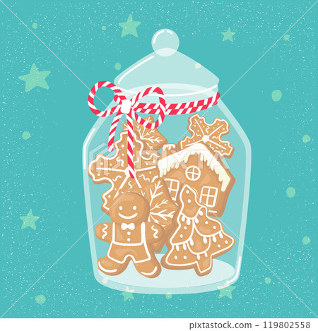 Gingerbread Christmas cookies in the shape of a tree, house, man, and snowflake inside a glass jar Gingerbread Christmas cookies in the shape of a tree, house, man, and snowflake inside a glass jar 119802558