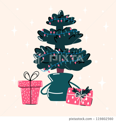 Christmas tree in a pot decorated with garlands. Gifts under the tree. Eco-friendly approach. Christmas tree in a pot decorated with garlands. Gifts under the tree. Eco-friendly approach. 119802560