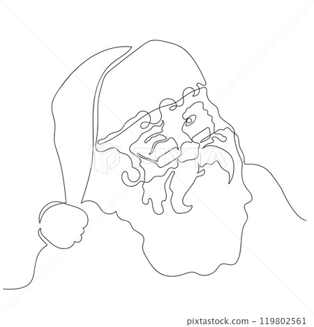 Portrait of winking Santa in glasses in one line drawing style. Black and white vector illustration. Portrait of winking Santa in glasses in one line drawing style. Black and white vector illustration. 119802561
