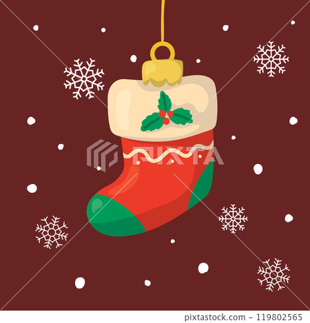 Christmas tree ornament in the shape of a stocking for gifts. Background with snowflakes. 119802565