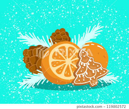 Still life composition of tangerines, gingerbread, fir branches, pine cones. Snow vector background. 119802572