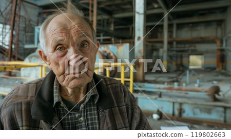 An elderly Chernobyl survivor visits his old workplace, pension letter in hand, reminiscing about the past. 119802663
